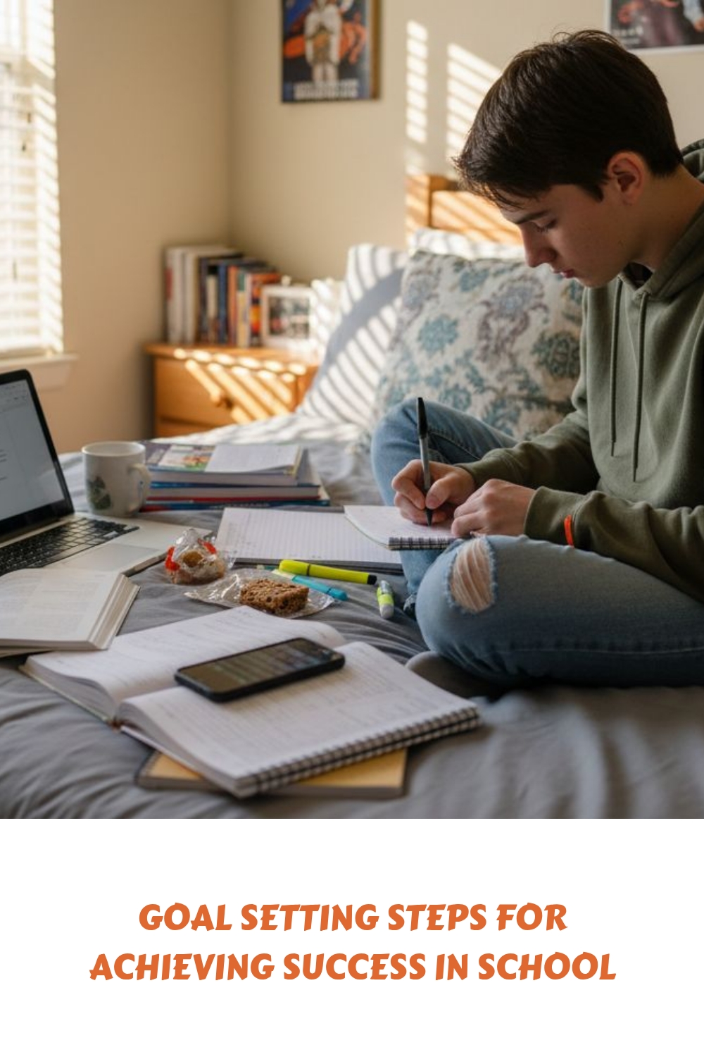 A student sits cross-legged on a bed, writing in a notebook with study materials, textbooks, and snacks spread out. Sunlight streams in, and below the image, text reads: Goal setting steps for achieving success in school.