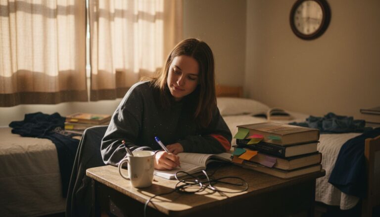 Student managing time at crowded desk