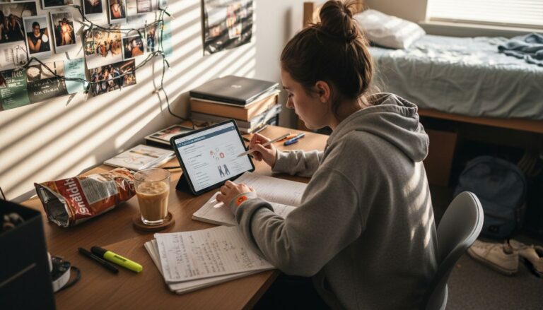 Student using tablet and notes at desk