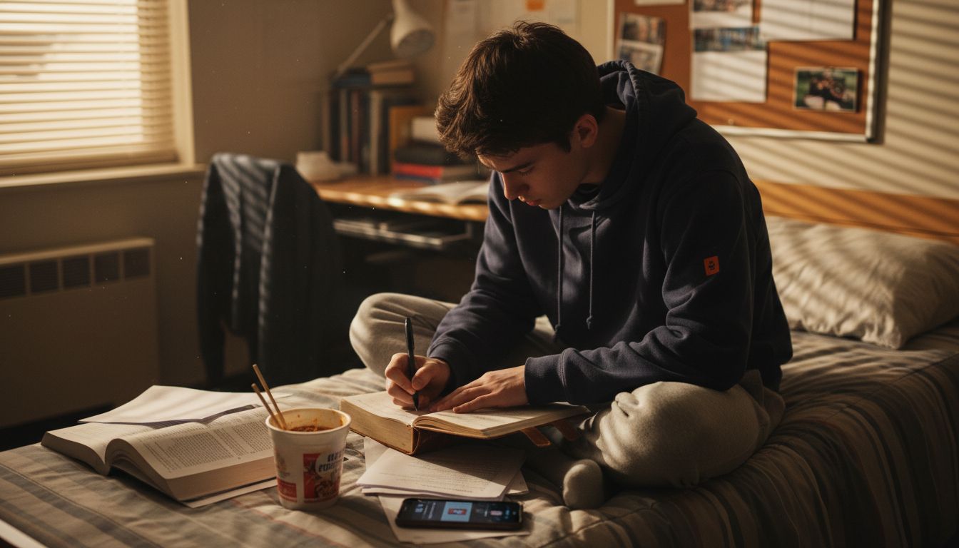 Student journaling in a sunlit dorm room