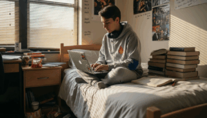 College student earning money in dorm room