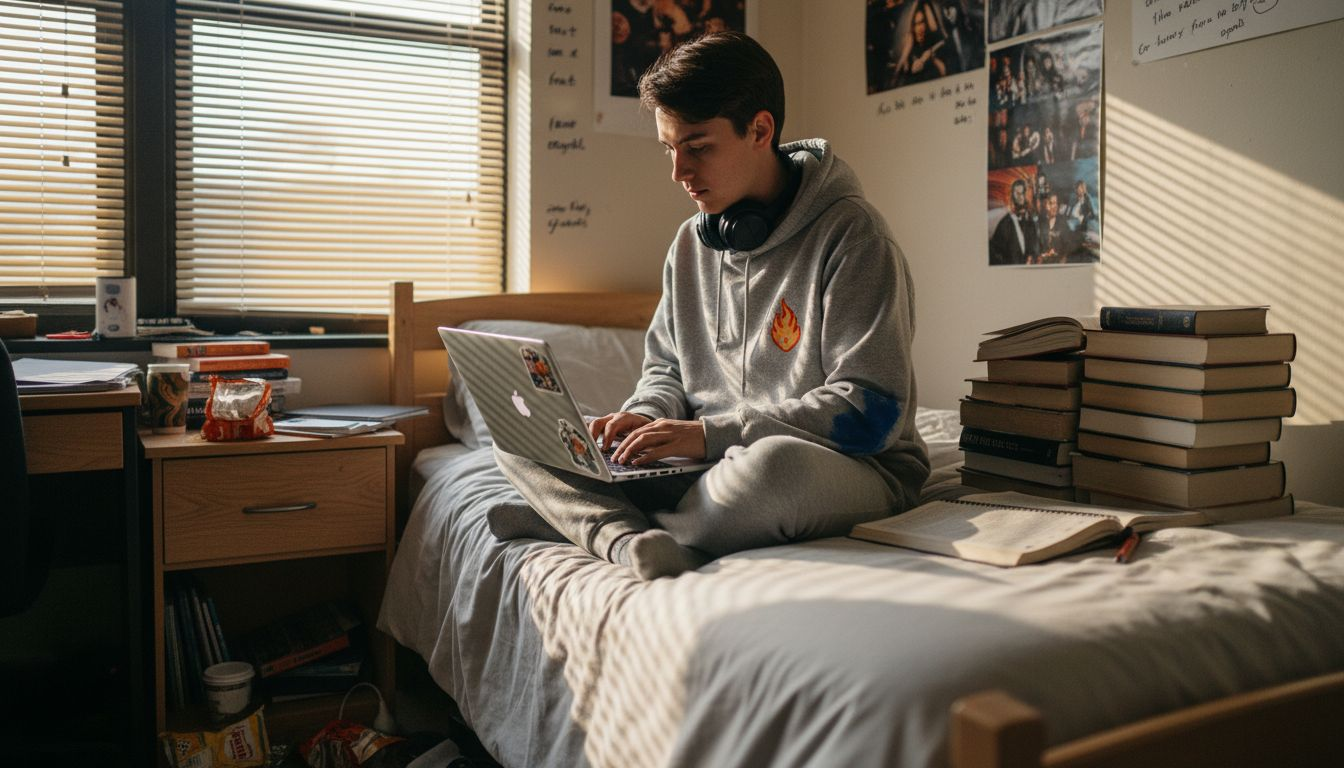 College student earning money in dorm room