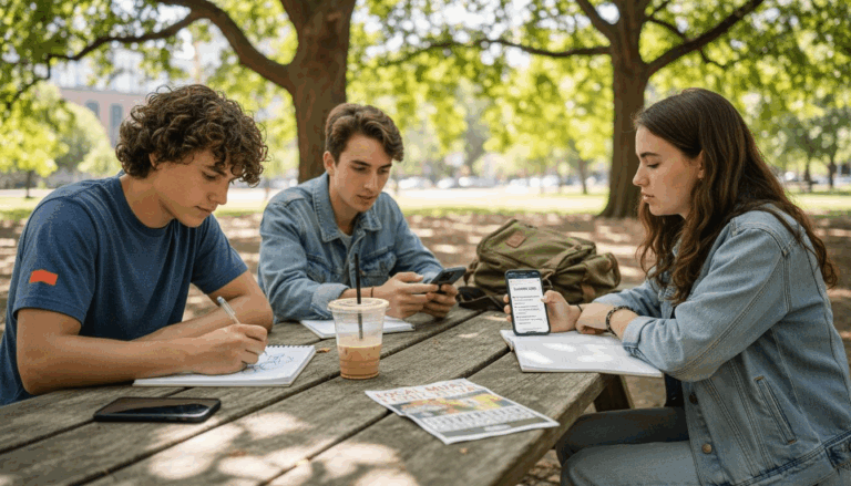 Students planning summer jobs together in park