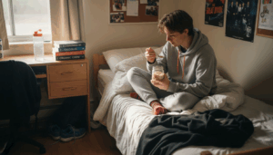 Student eating breakfast in messy dorm room