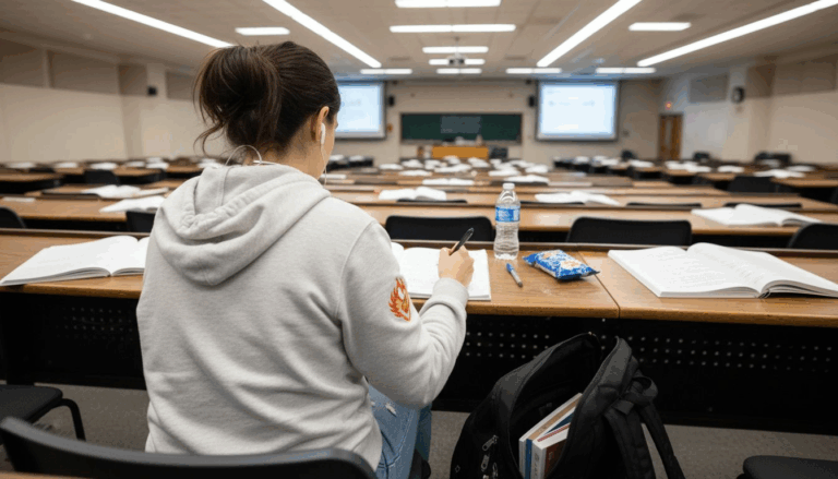 Student taking notes in a university lecture hall