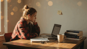 Student attending online class at home table