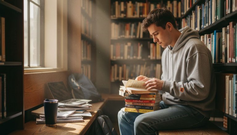 Student reading personal development books in library