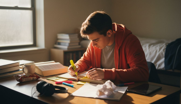 Student organizing exam study materials at desk