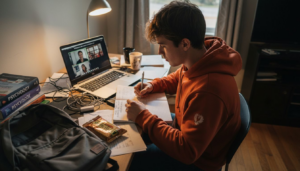 Student attending online class at cluttered desk