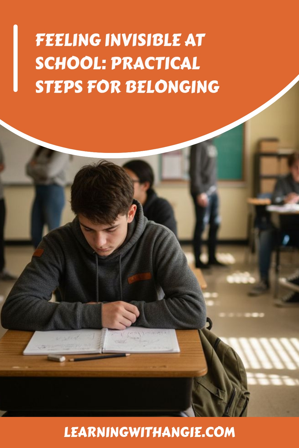 A student sits alone at a desk in a classroom, looking down at an open notebook. Other students are blurred in the background. Text: “Feeling Invisible at School: Practical Steps for Belonging. learningwithangie.com”.