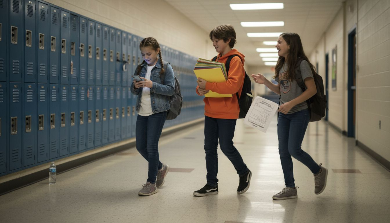 Students walking in busy middle school hallway