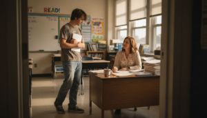 Nervous student begins conversation with teacher