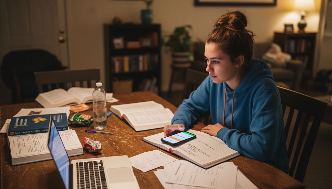 Teen managing multiple school deadlines at home