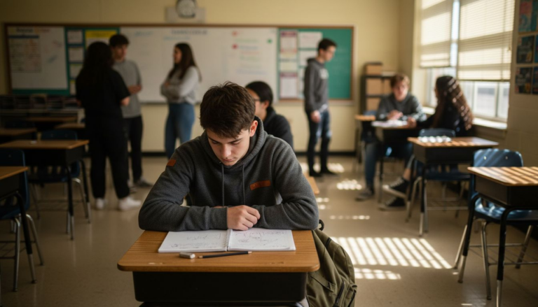 Lonely student in classroom seated apart