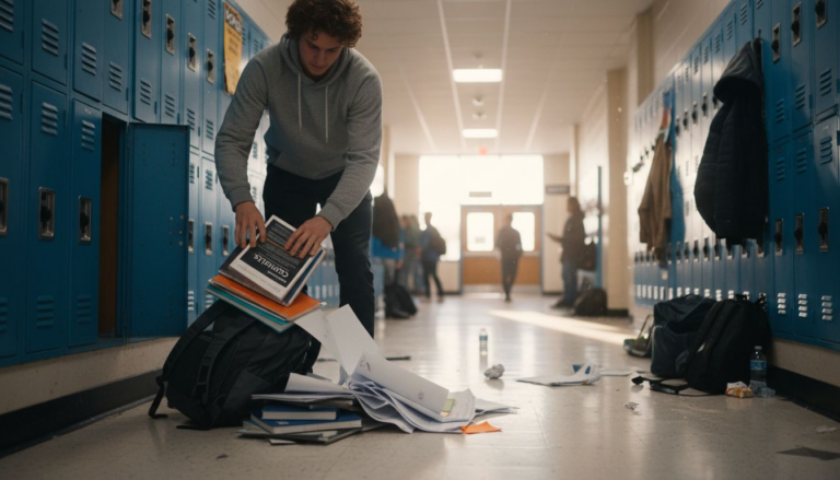 Student emptying messy locker and backpack
