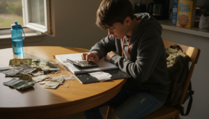 Middle schooler counting money at kitchen table