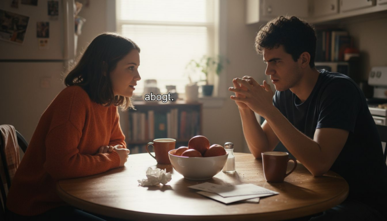 Couple discussing apology at kitchen table