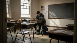 Student pondering alone in sunlit classroom