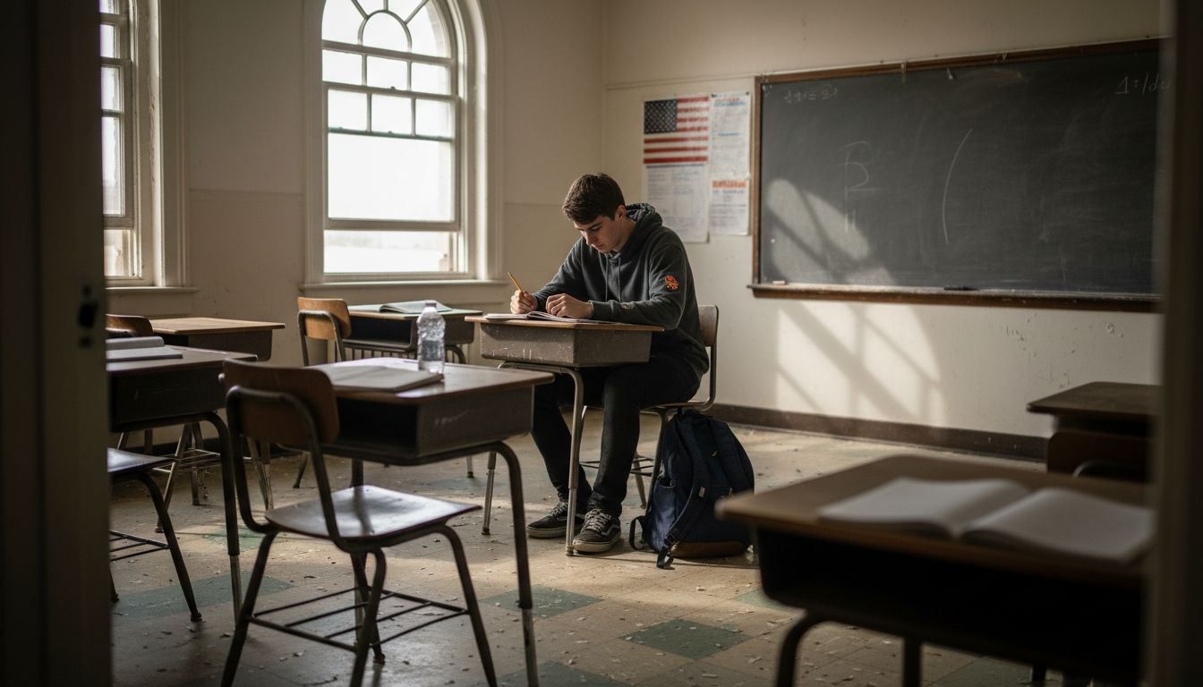 Student pondering alone in sunlit classroom