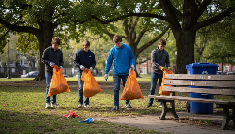 Middle schoolers collecting litter in park
