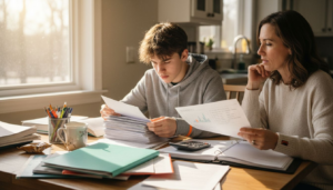 Parent and teen organize homeschool portfolio
