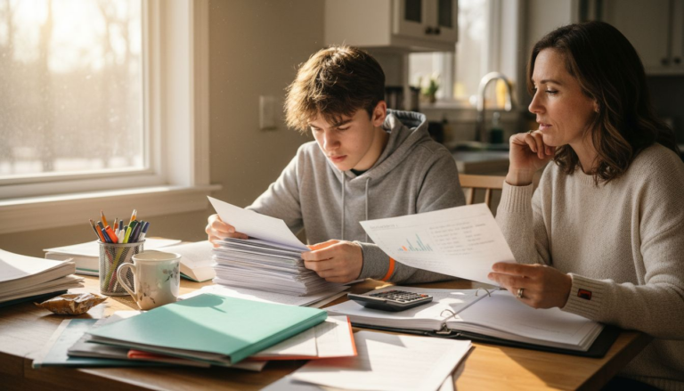 Parent and teen organize homeschool portfolio