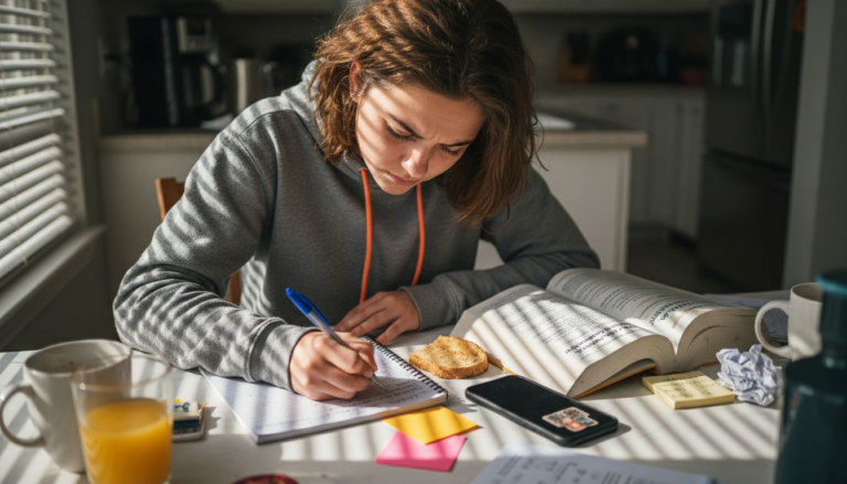 Teen student studying at sunlit kitchen table