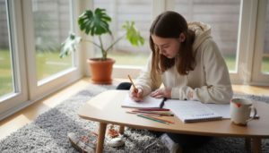 Teen working in sunny homeschool study space