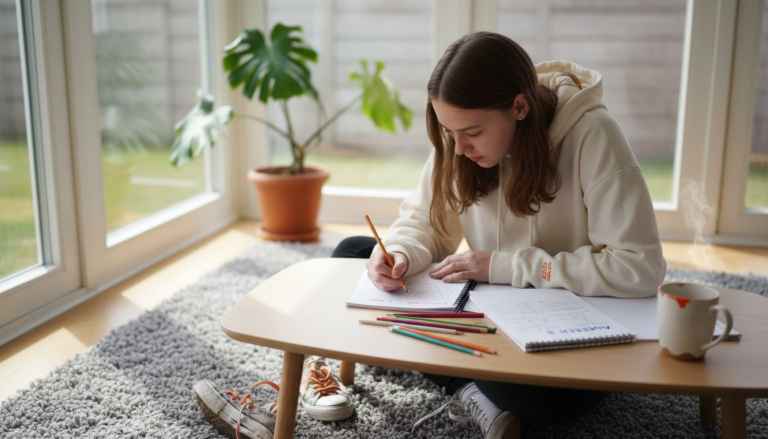 Teen working in sunny homeschool study space