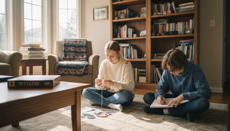 Homeschooled teens crafting in cozy living room