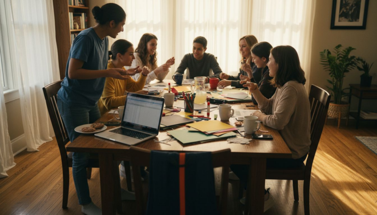 Homeschoolers and parents at casual group meeting