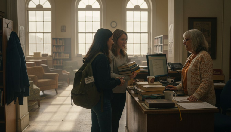 Homeschooler and parent arranging to volunteer in library