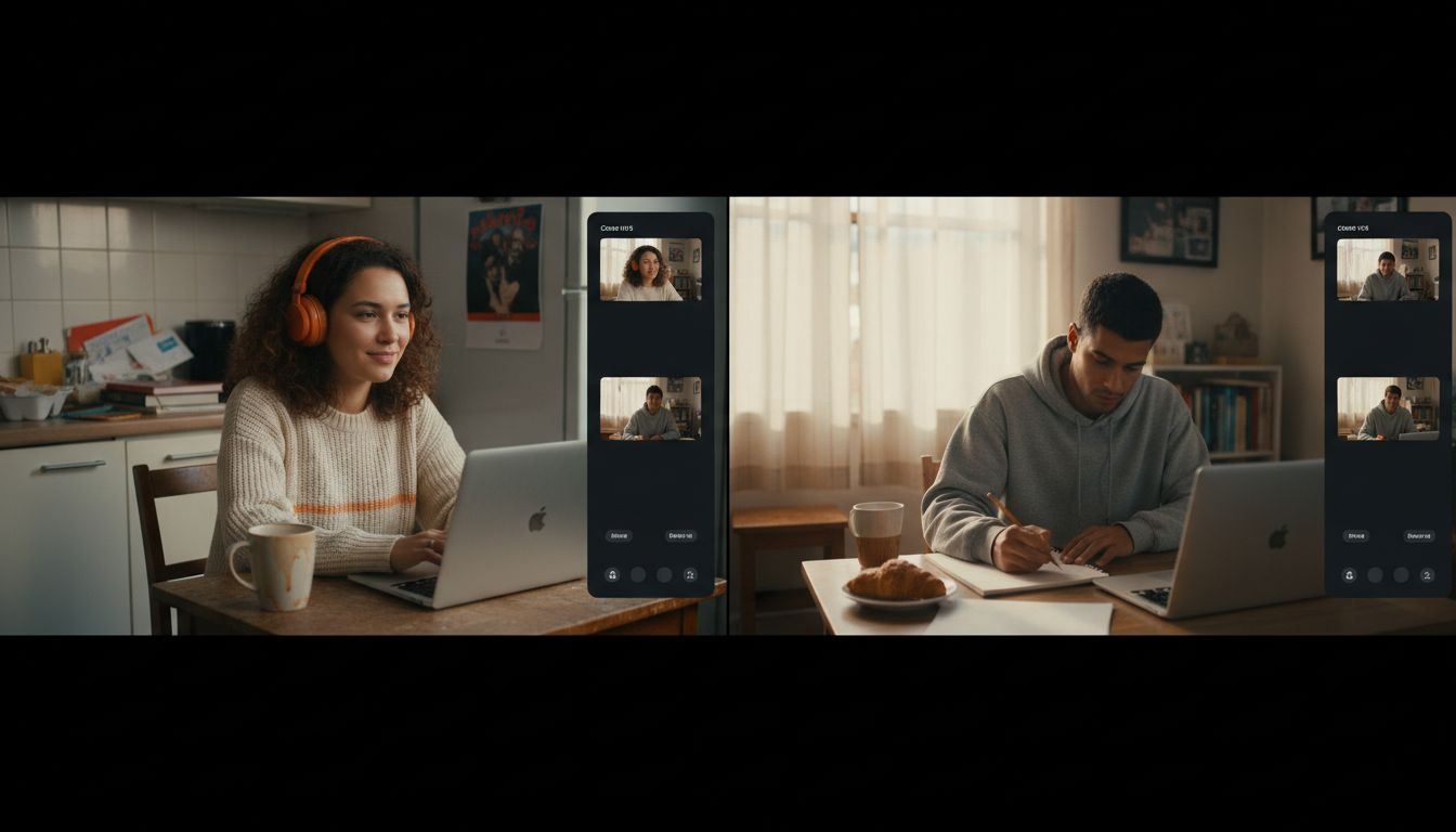 Friends video calling from separate kitchen tables