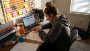 Student studying at cluttered dorm desk for exams