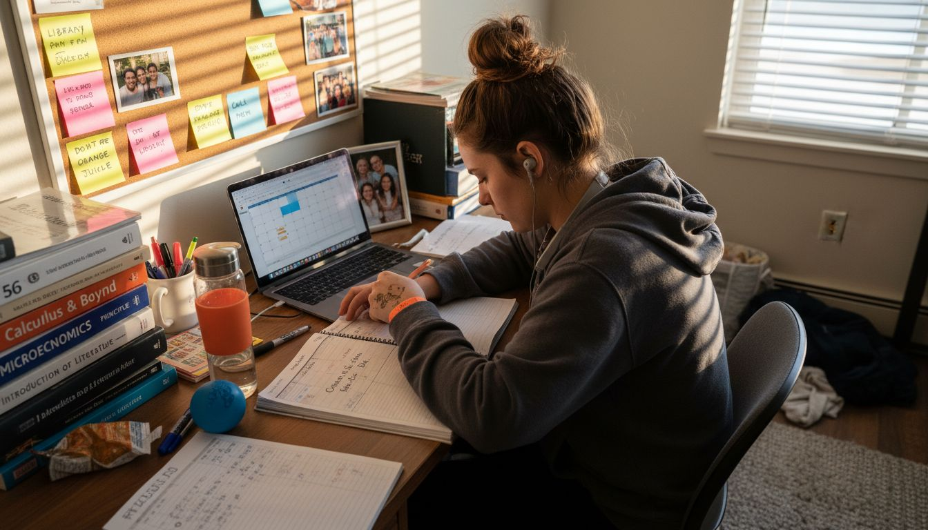 Student studying at cluttered dorm desk for exams