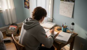 Student planning day at cluttered desk with sunlight