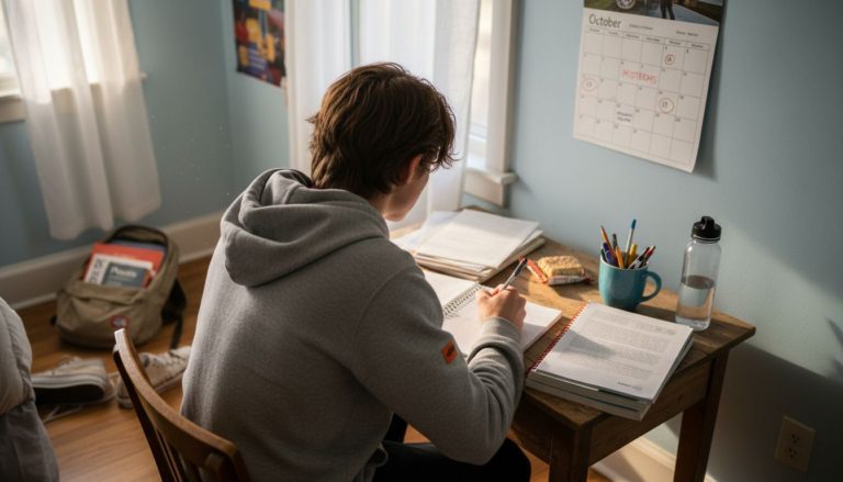 Student planning day at cluttered desk with sunlight
