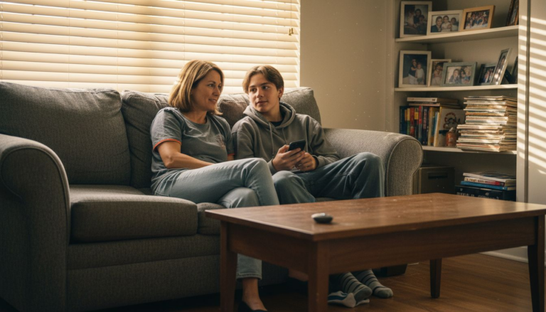 Parent and teen talking in cozy living room