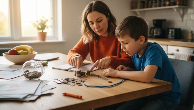 Mother and son sort coins at kitchen table