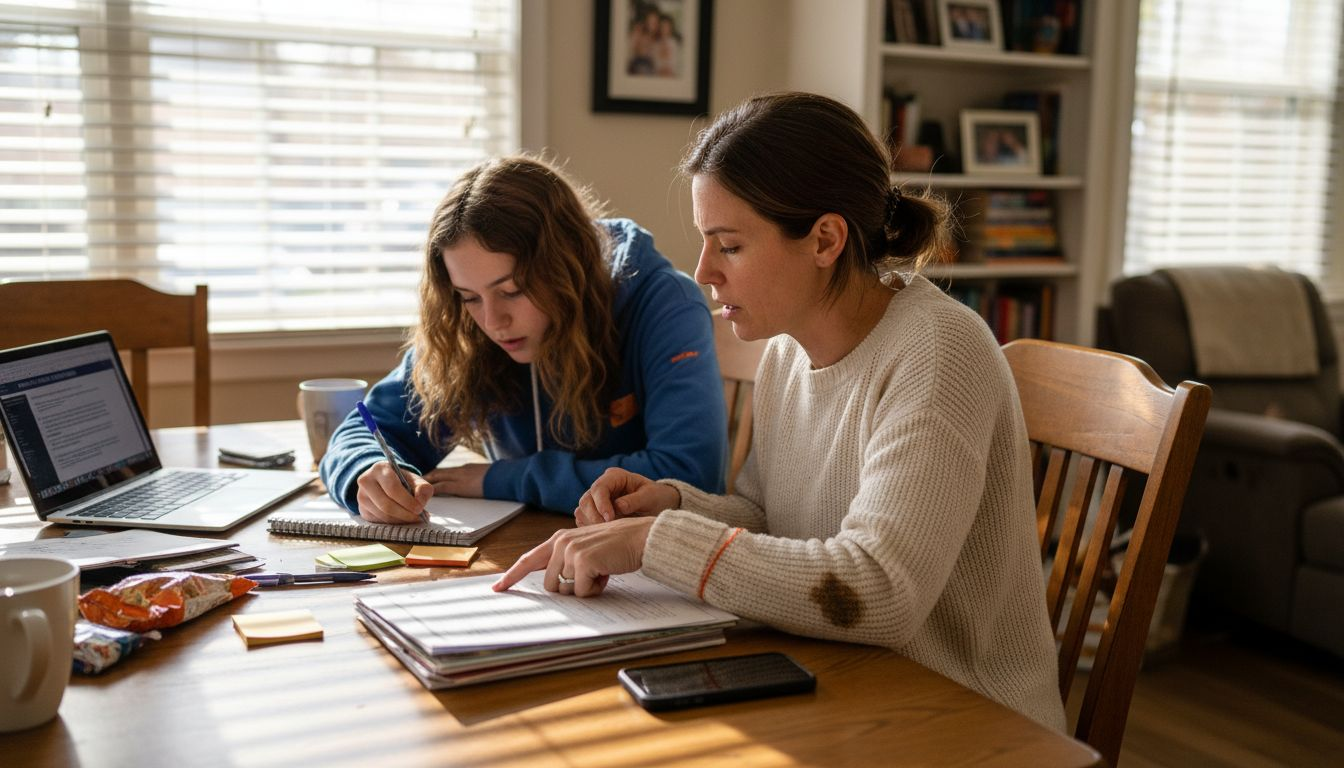 Parent and teenager working on college checklist