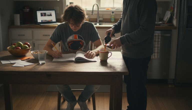 Teen and parent discussing SAT prep at kitchen table