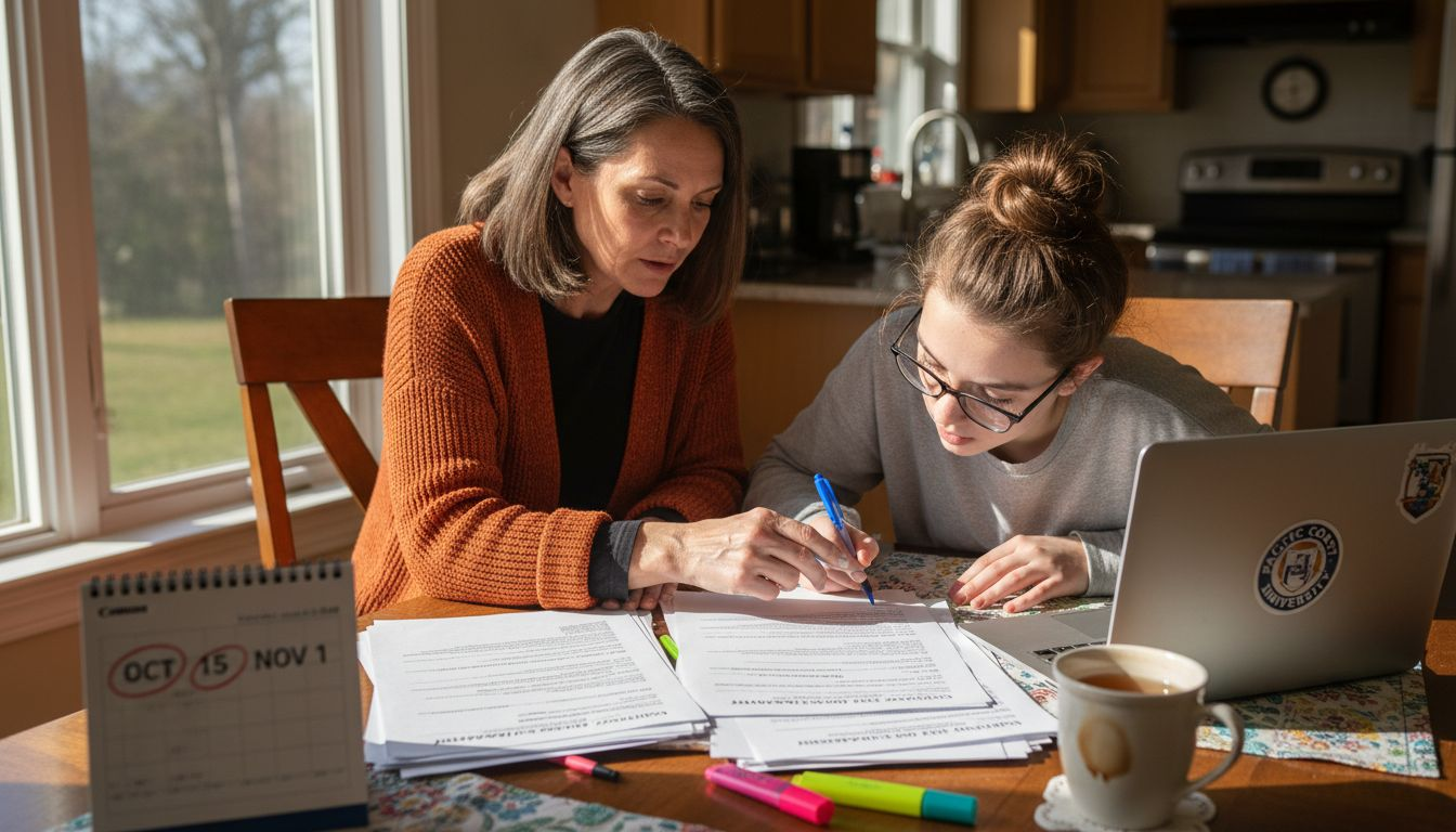 Parent and student reviewing scholarship papers at table
