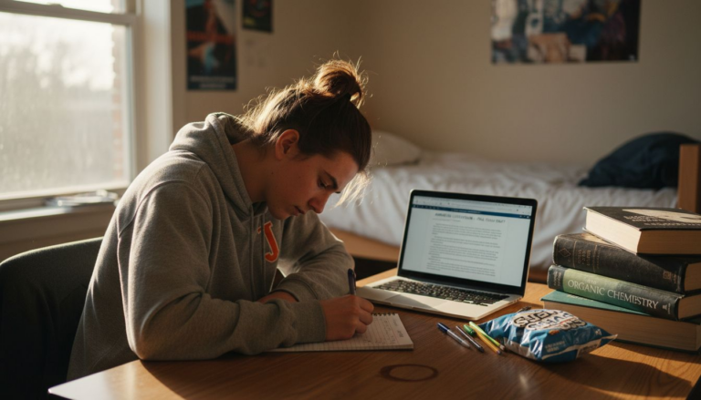 Student taking handwritten notes in dorm room