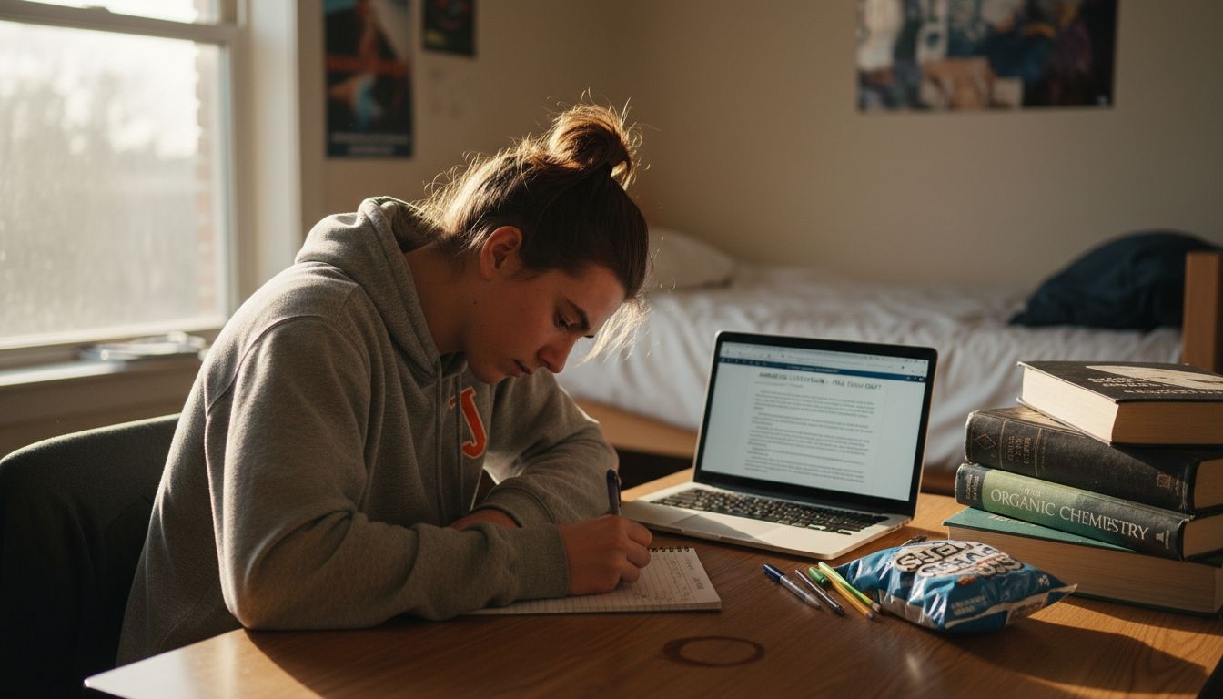 Student taking handwritten notes in dorm room