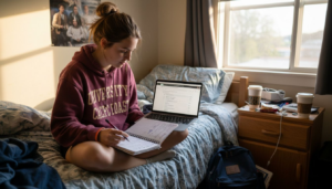 Student planning goals in dorm room