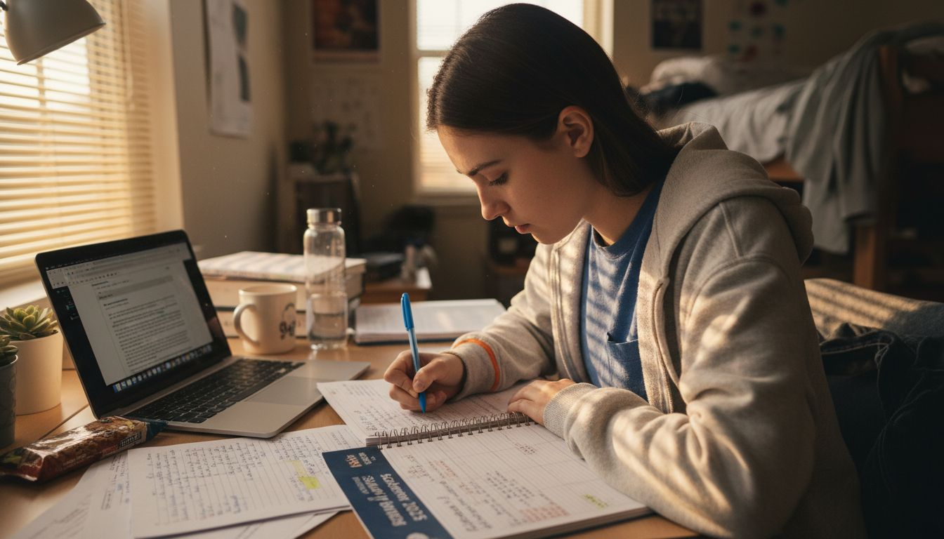 Student writing in study planner at desk