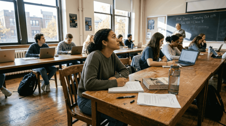 Student taking notes in bright classroom setting