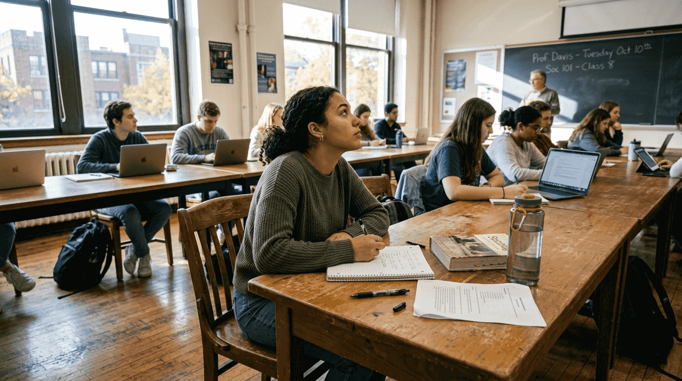 Student taking notes in bright classroom setting