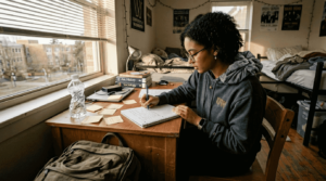 Student writing notes at dorm room desk