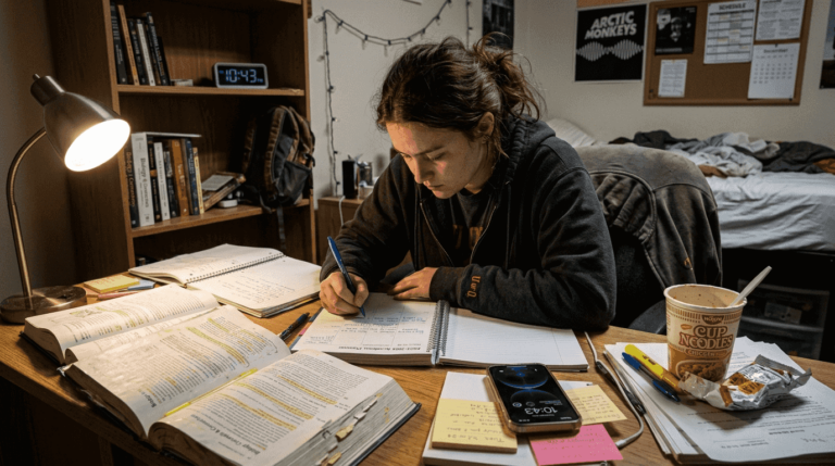 Student planning semester at cluttered dorm desk
